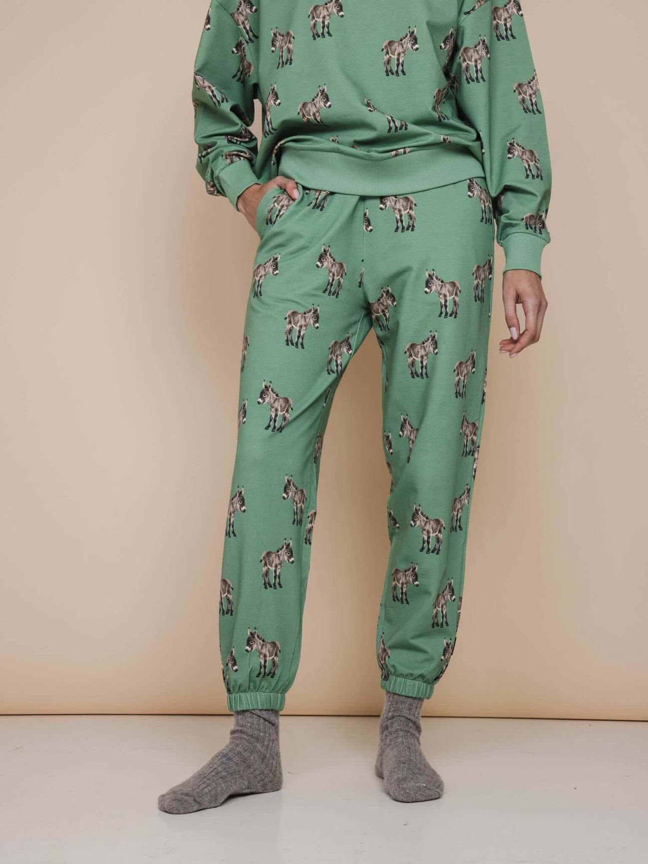 SNURK Donkeys Broek Relaxed Unisex in zachtgroene kleur met schattige baby-ezels op een model.