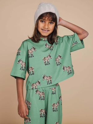 Kind in SNURK Donkeys Cropped T-Shirt Kids met schattige baby-ezels op een zachtgroene achtergrond.