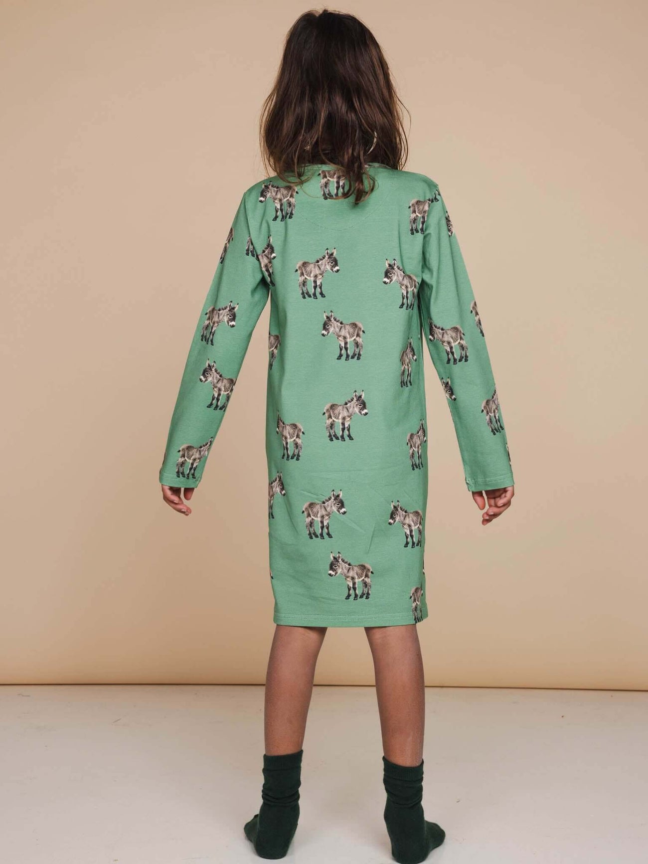 SNURK Donkeys Long Sleeve Dress Kids, schattige baby-ezels op een zachtgroene achtergrond.