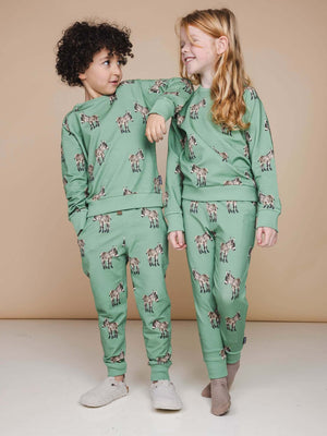 SNURK Donkeys Sweater Kids met schattige baby-ezels op een zachtgroene achtergrond, relaxte fit, ideaal voor kinderen.
