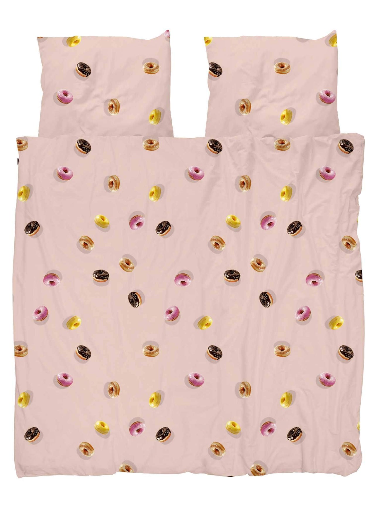 SNURK Donuts dekbedovertrek met kleurrijke donuts op een lichtroze achtergrond.