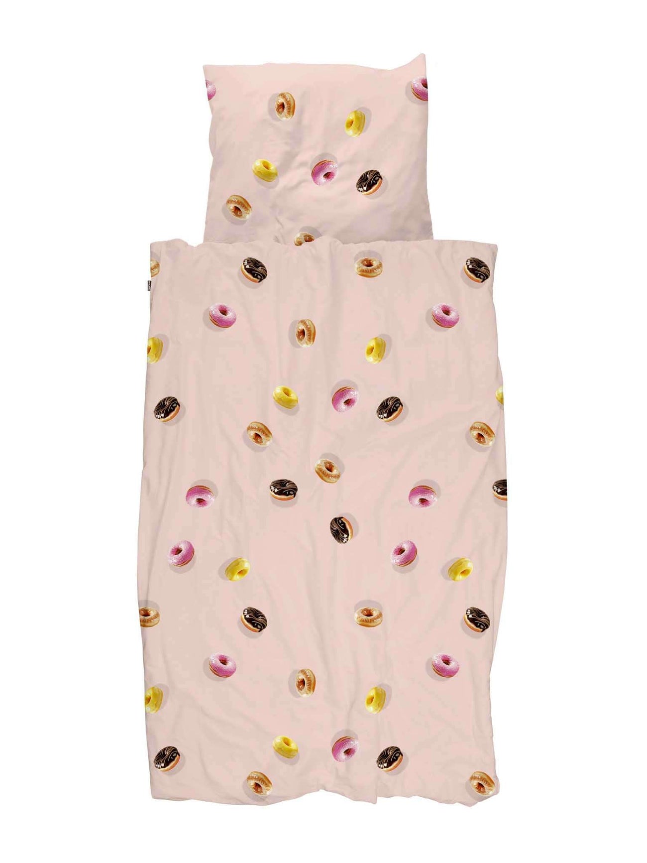 SNURK Donuts dekbedovertrek met kleurrijke donuts op een lichtroze achtergrond voor een vrolijke slaapkamer.