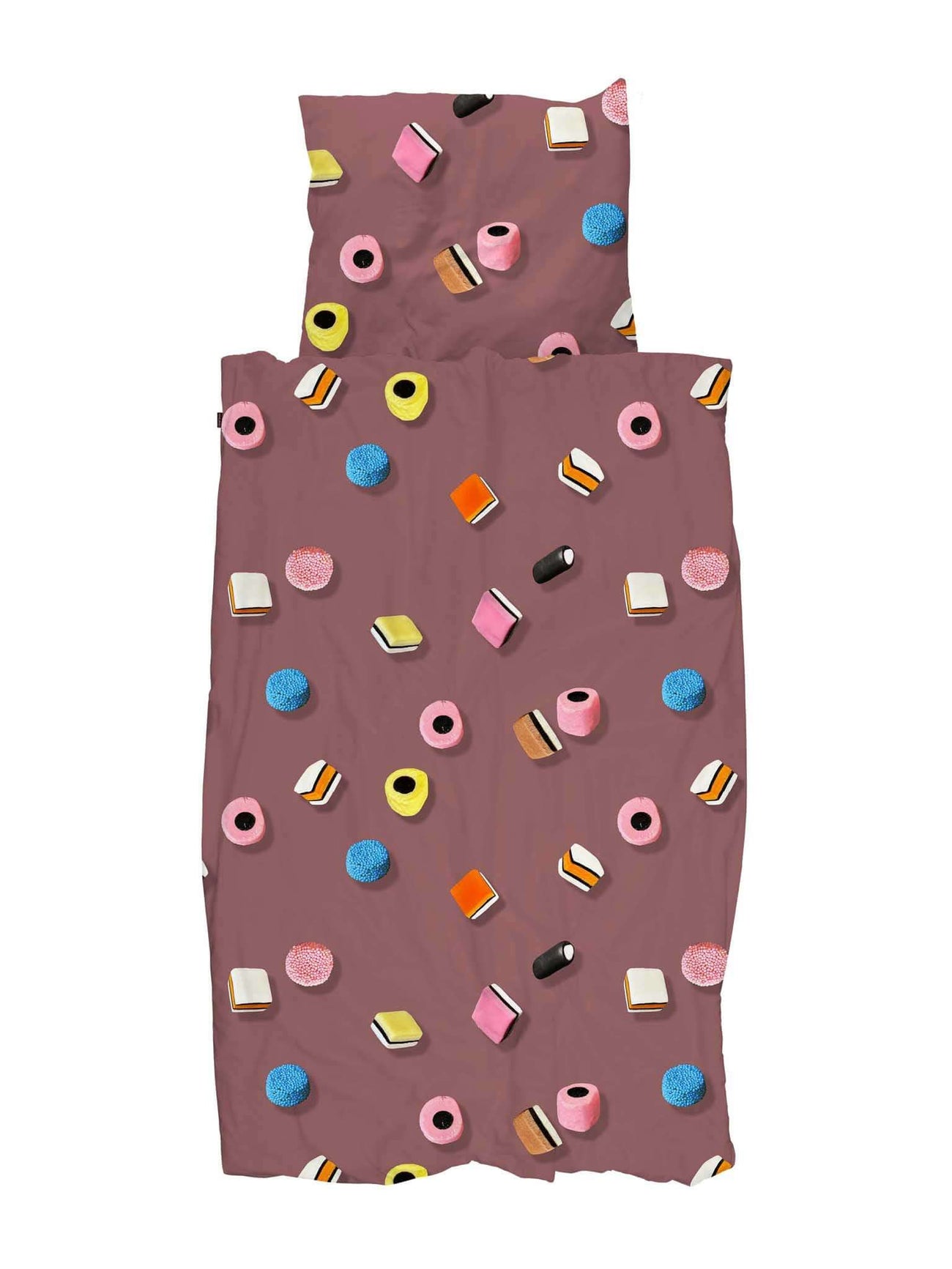 SNURK Drop It dekbedovertrek met kleurrijke snoepjes op een paarse achtergrond.
