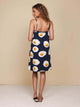 SNURK Eggs Navy Strap Dress Dames achterkant met spaghettibandjes en print van spiegeleitjes.