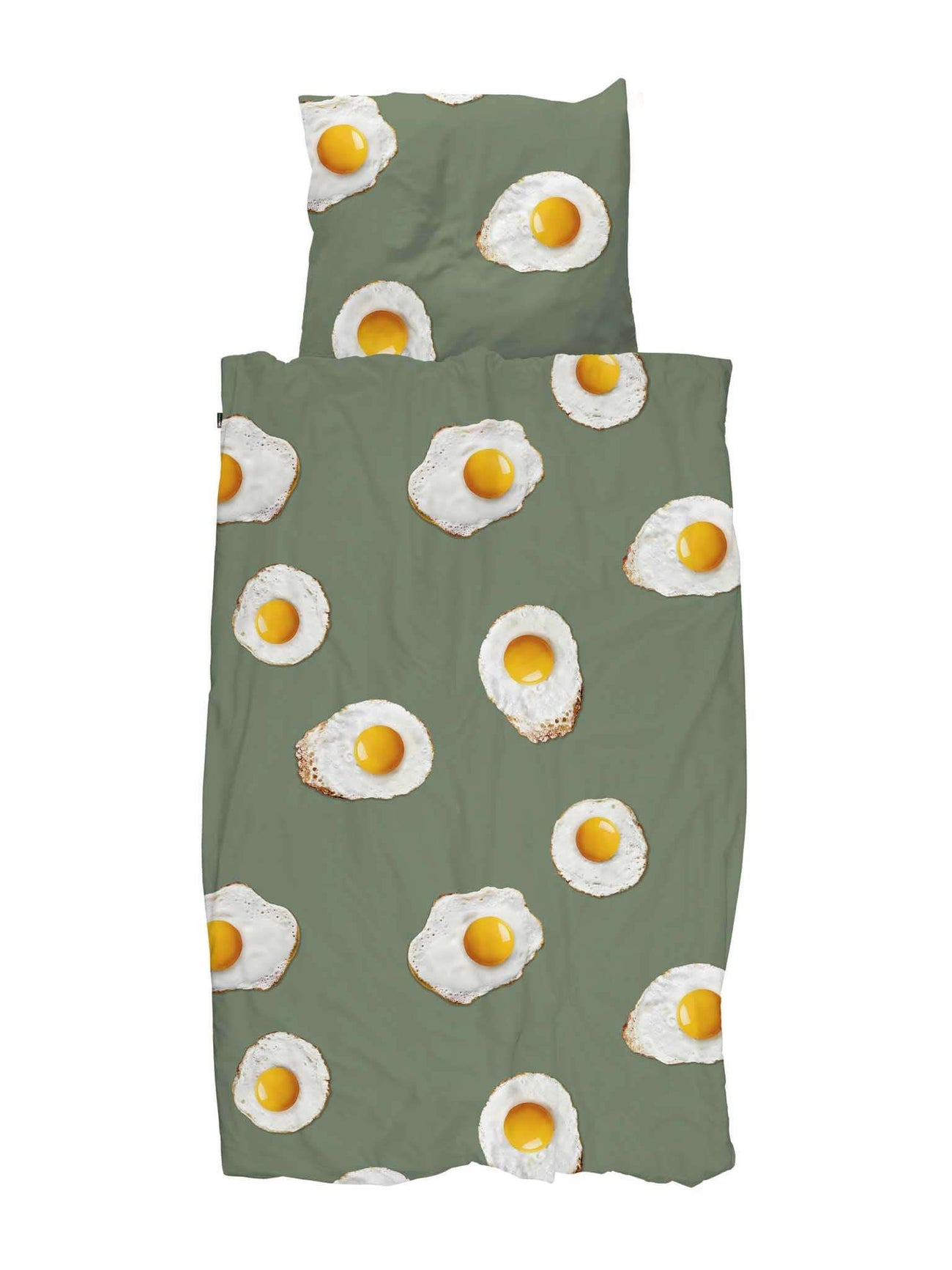 SNURK Eggs dekbedovertrek met speckende eieren op een groene achtergrond, gemaakt van 100% biologisch katoen.