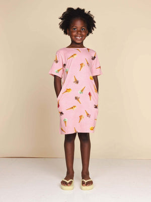 SNURK Ice Cream Cones T-shirt Dress Kids in roze met Italiaanse ijsjes, perfect voor vrolijke kindermode.