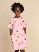 SNURK Ice Cream Cones T-shirt Dress Kids in pink with ice cream cone pattern, perfect for warm weather.