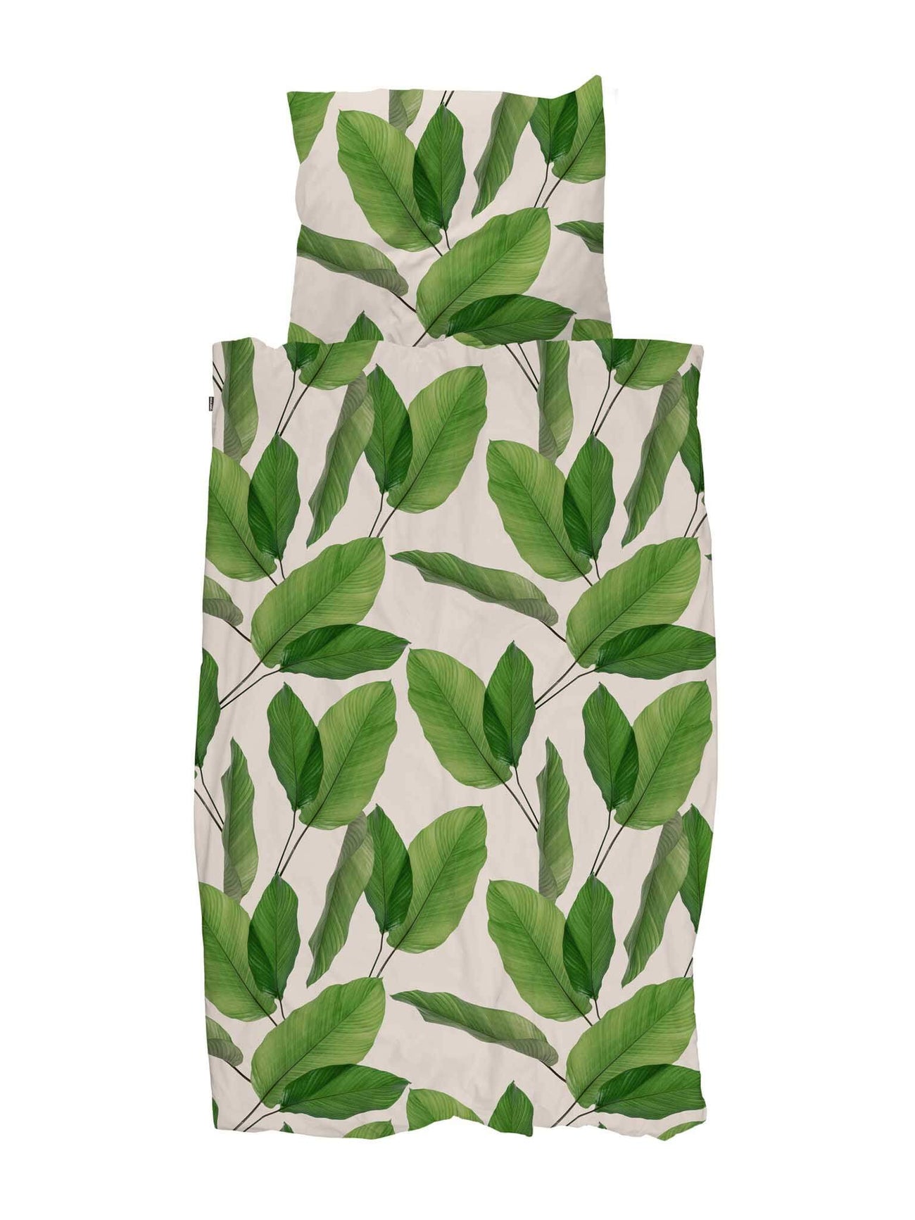 SNURK Leaf Me dekbedovertrek met groene bladerenprint op een lichte achtergrond.