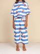 SNURK Lobsters Cropped T-Shirt Kids in blauw gestreepte stof met rode kreeftjes, perfect voor kinderen.