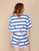 SNURK Lobsters Shorts Dames met rode kreeftjes op blauw gestreepte achtergrond