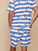 SNURK Lobsters Shorts Heren met rood kreeftjes op blauwe strepen, relaxed fit en diepe zakken.