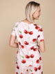 SNURK Mon Cherry V-Neck T-shirt Dames, achterzijde met vrolijke kersenprint.