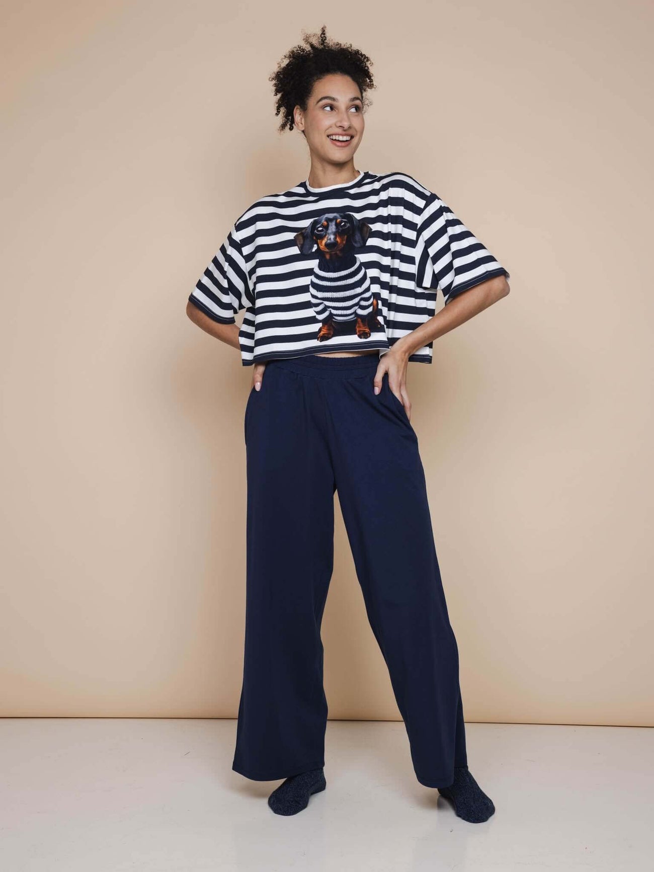 SNURK Pierre Cropped T-shirt Dames model met gestreepte print en teckel op achtergrond