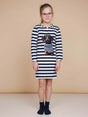 SNURK Pierre Long Sleeve Dress Kids, gestreept T-shirt jurkje met teckelprint voor kinderen.