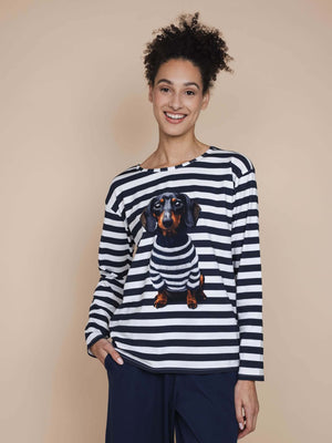 SNURK Pierre Long Sleeve T-shirt Dames met gestreepte stof en afbeelding van een teckel