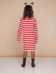 Achterkant van een meisje in de SNURK Pierre Xmas Long Sleeve Dress Kids met rode en witte strepen.