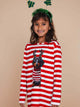 Kind in SNURK Pierre Xmas Long Sleeve Dress Kids met gestreepte ontwerp en dachshund print voor kerstmis.