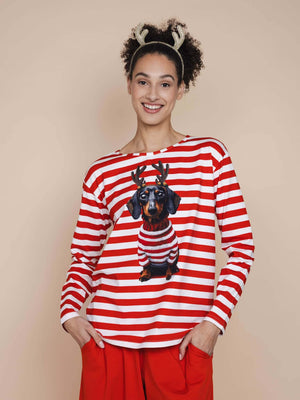 SNURK Pierre Xmas Long Sleeve T-shirt Dames met gestreepte rode achtergrond en hondenmotief
