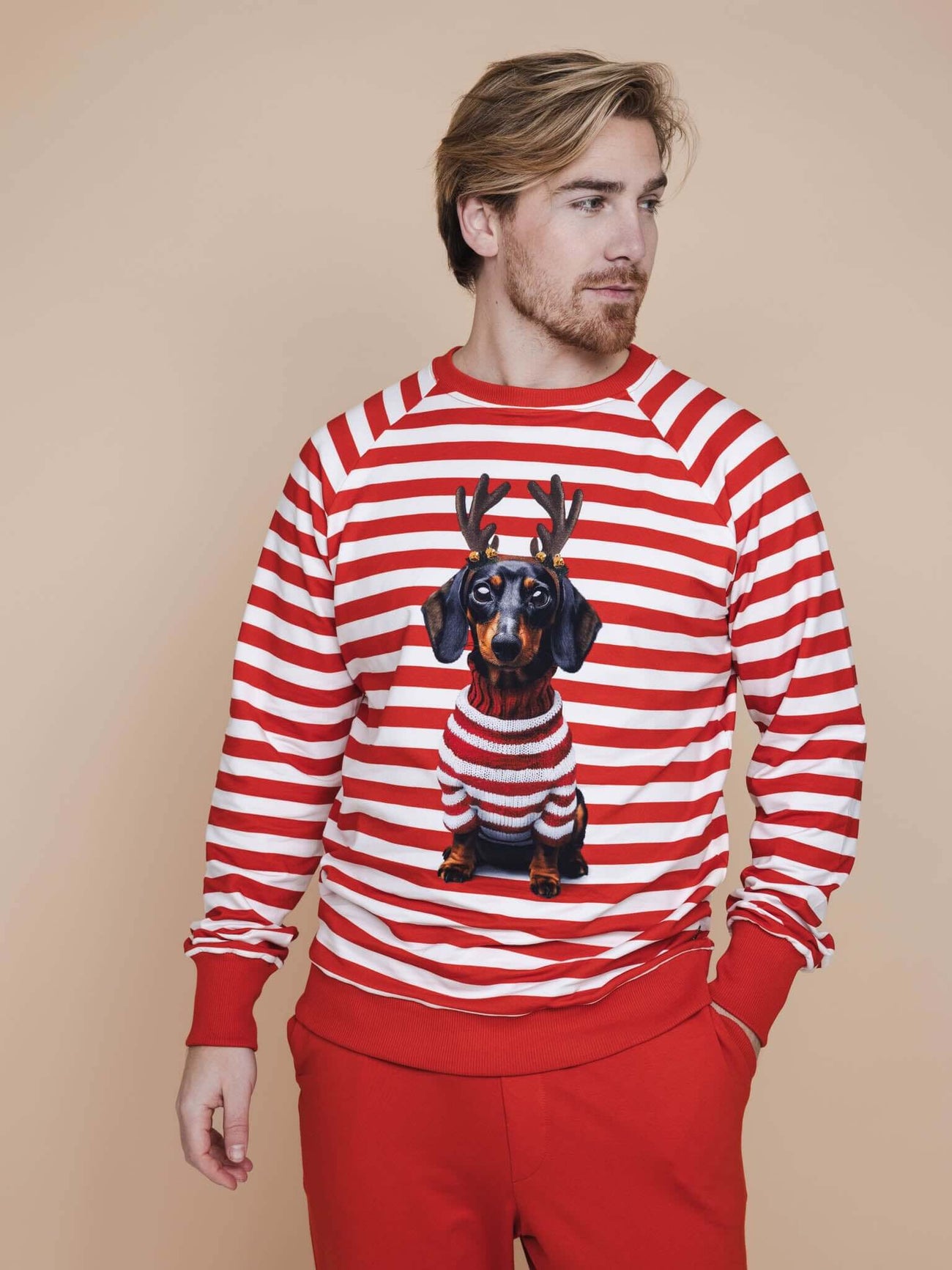SNURK Pierre Xmas Sweater Heren met gestreepte rode en witte sweater en een teckel in kerstoutfit
