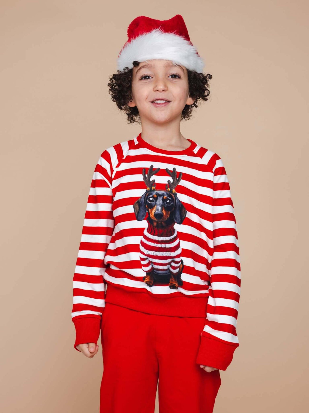 SNURK Pierre Xmas Sweater Kids worn by a child with a Santa hat, featuring a playful dog design.