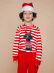 SNURK Pierre Xmas Sweater Kids worn by a child with a Santa hat, featuring a playful dog design.