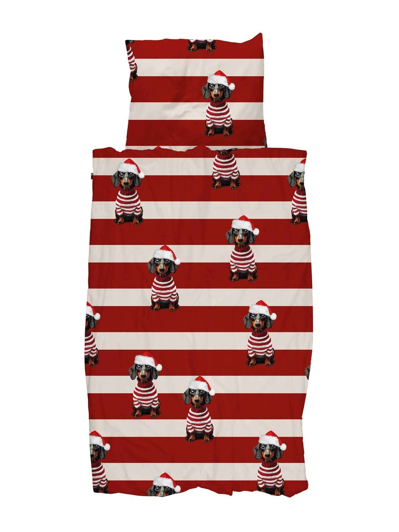 SNURK Pierre Xmas dekbedovertrek met teckel in kerstmuts en streeppattern