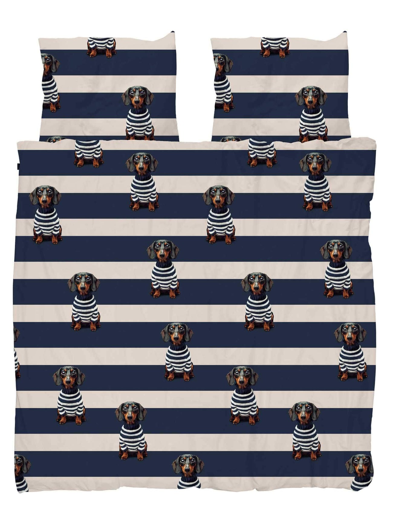 SNURK Pierre dekbedovertrek met vrolijke teckelprints en streepdessin in navy en beige.