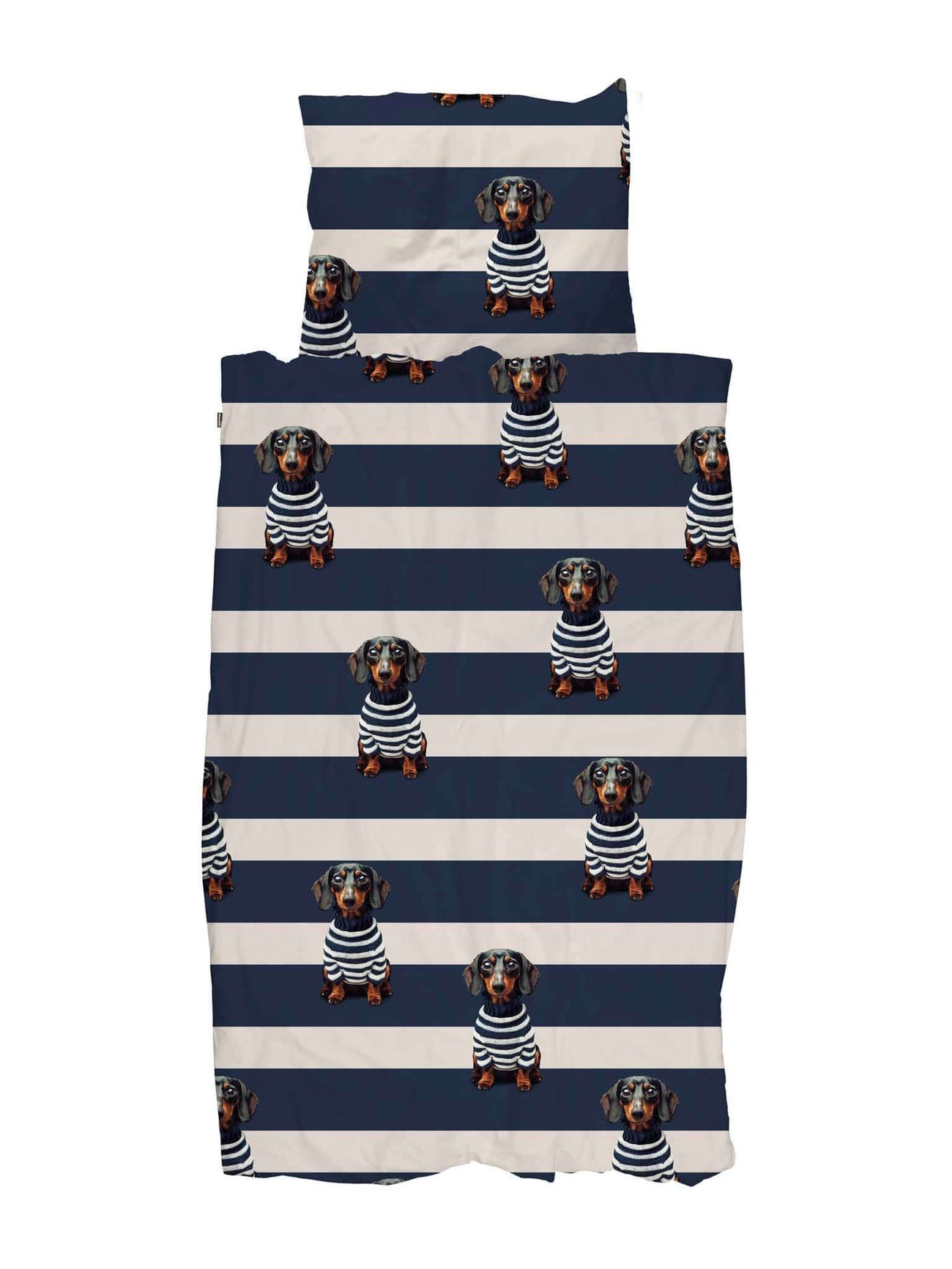 SNURK Pierre dekbedovertrek met vrolijke teckels en gestreept ontwerp van biologisch katoen.