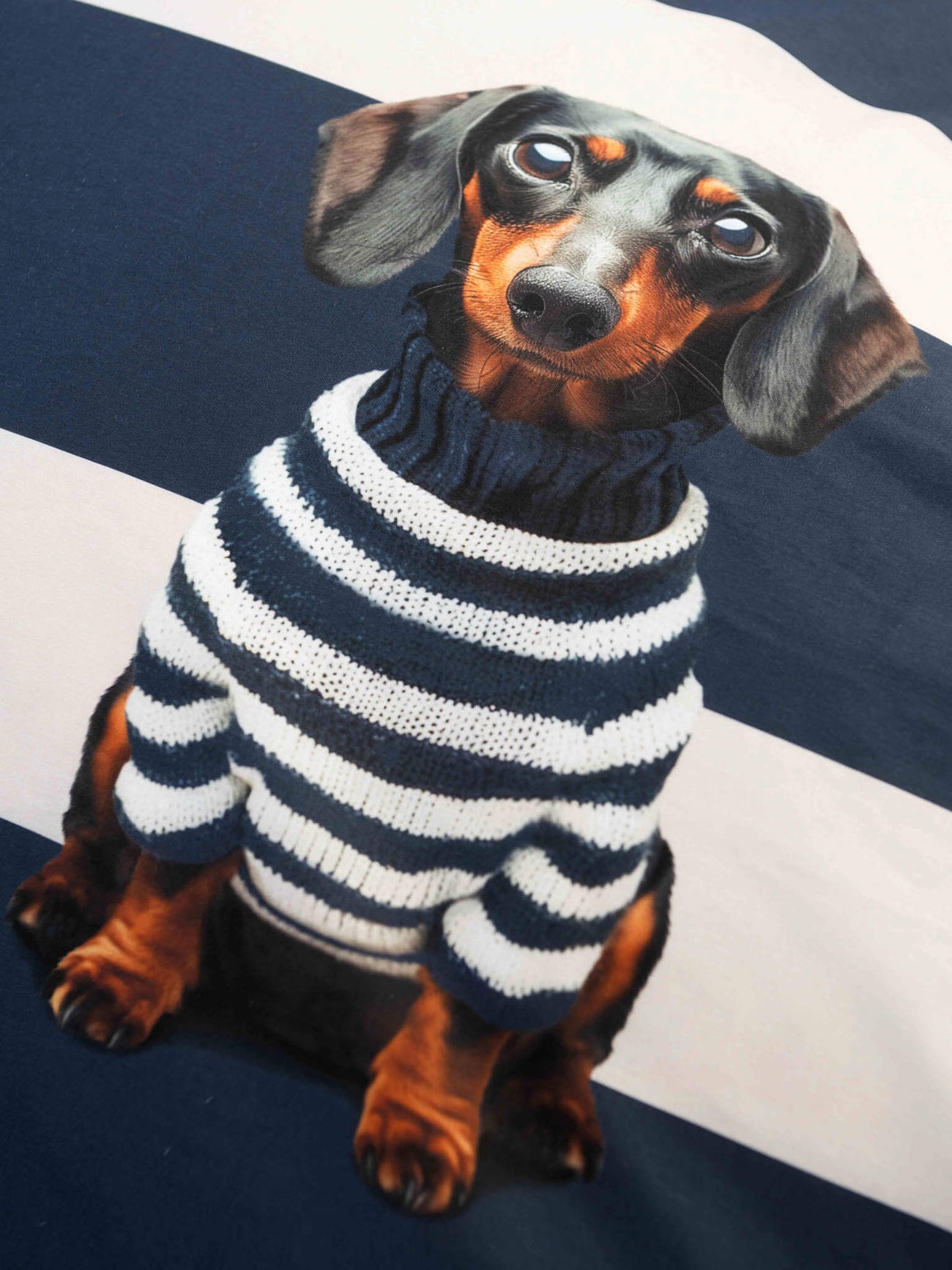 Afbeelding van SNURK Pierre dekbedovertrek met een teckel in een gestreepte trui.