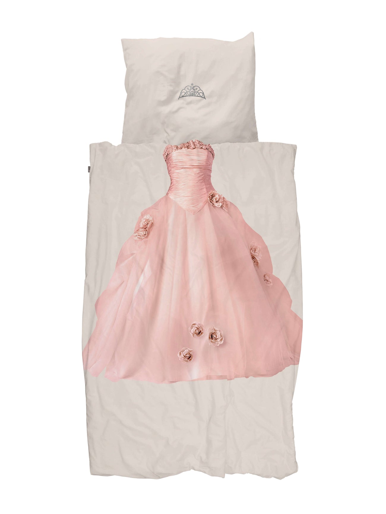 SNURK Princess Beige dekbedovertrek met een schattige prinsessenjurk en tiara print.