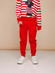 SNURK Red Broek Kids, knalrode kinderjoggingbroek met zachte stof en elastische tailleband.