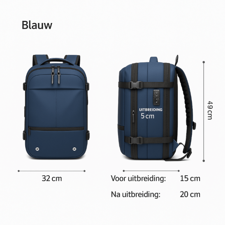 Afbeelding van de VINQ Vacuüm Rugzak met Draadloze Pomp Blauw VQ2521, met afmetingen en details.