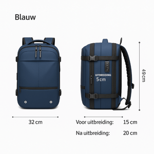 Afbeelding van de VINQ Vacuüm Rugzak met Draadloze Pomp Blauw VQ2521, met afmetingen en details.