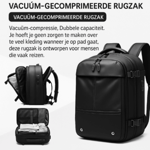 Afbeelding van VINQ Vacuüm Rugzak met Draadloze Pomp Blauw VQ2521, inclusief vacuümcompressie en dubbele capaciteit.