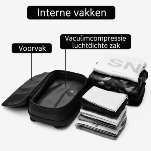 Interne vakken van de VINQ Vacuüm Rugzak met Draadloze Pomp Blauw VQ2521, inclusief voorvak en vacuümcompressie zak.