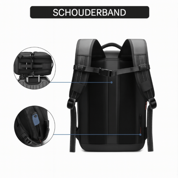 Image van de schouderband van de VINQ Vacuüm Rugzak met Draadloze Pomp Blauw VQ2521, met nadruk op ontwerp en functionaliteit.