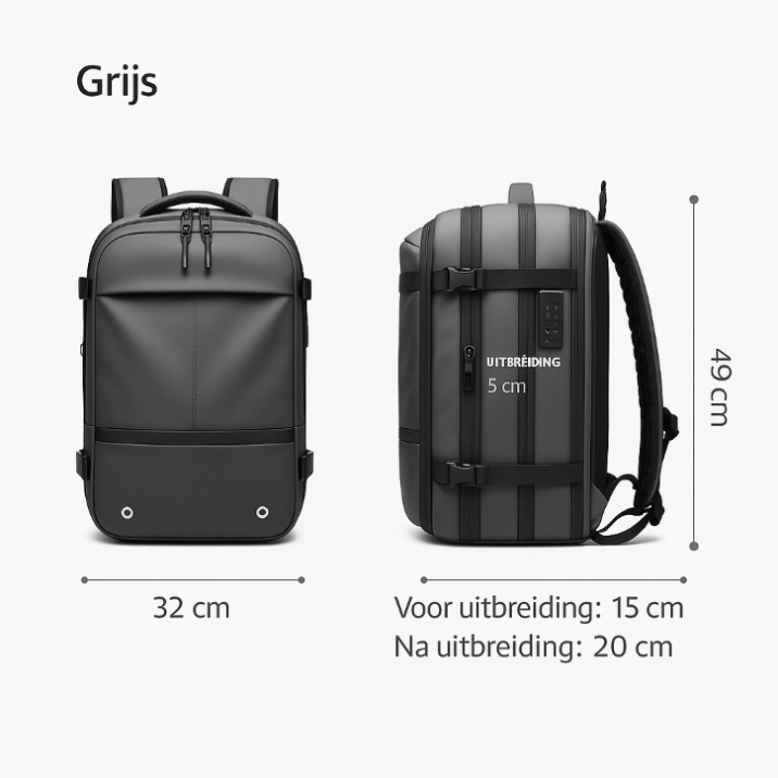 Afbeelding van VINQ Vacuüm Rugzak met Draadloze Pomp Grijs VQ2520 met afmetingen en ontwerpomschrijving.