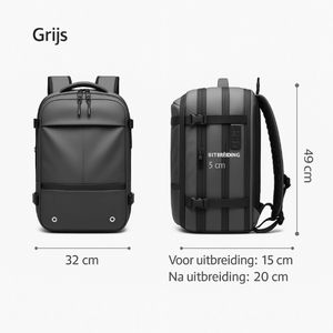 Afbeelding van VINQ Vacuüm Rugzak met Draadloze Pomp Grijs VQ2520 met afmetingen en ontwerpomschrijving.