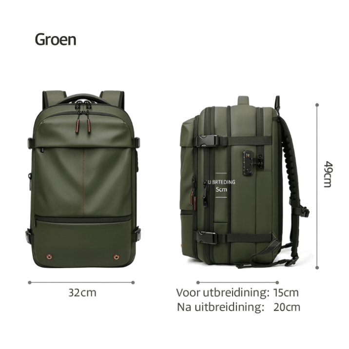 VINQ Vacuüm Rugzak met Draadloze Pomp Groen VQ2519 vooruitzicht en zijkant met afmetingen.