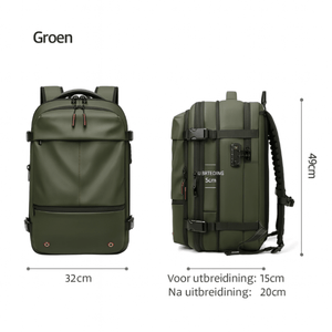 VINQ Vacuüm Rugzak met Draadloze Pomp Groen VQ2519 vooruitzicht en zijkant met afmetingen.
