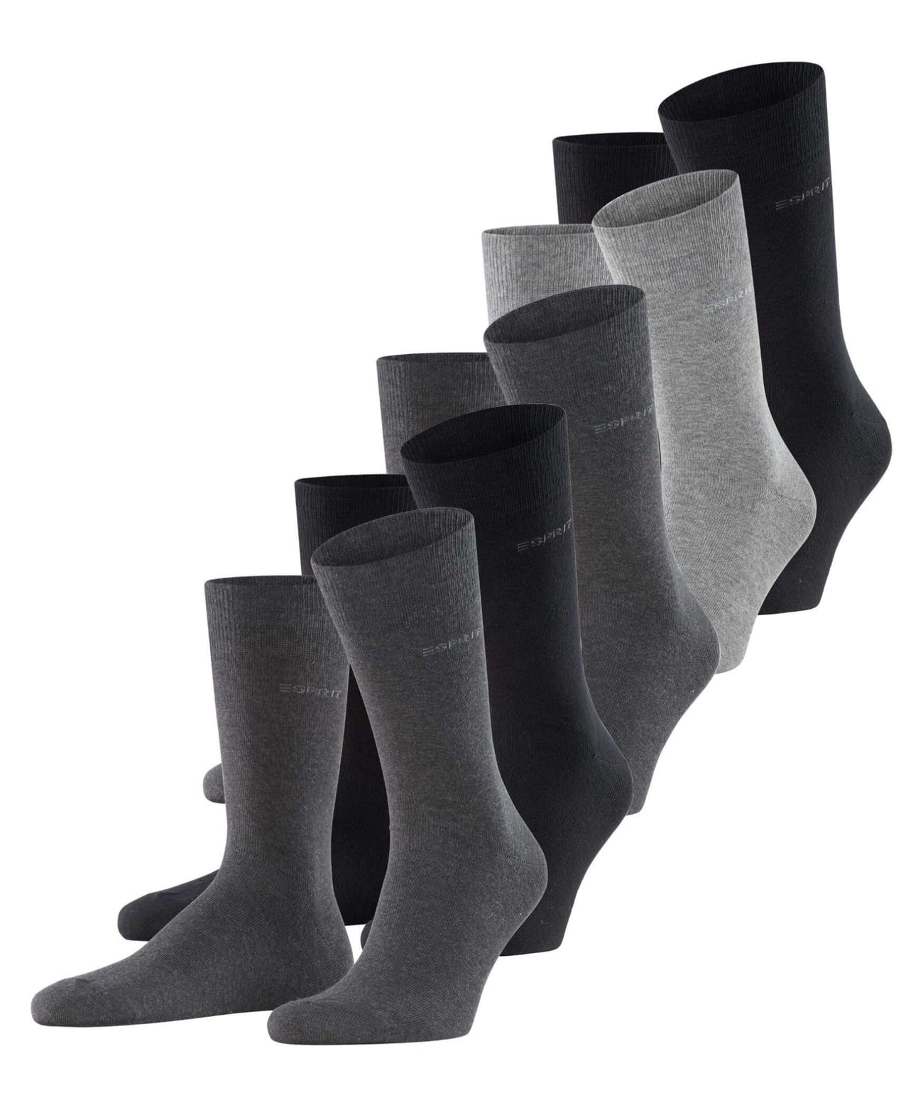 Esprit 5-pack katoenen herensokken in grijs en zwart met ingebreid logo, perfect voor dagelijks gebruik.