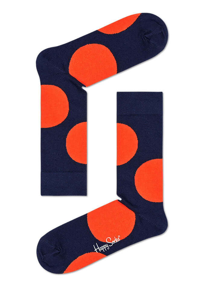 Happy Socks Jumbo Dot blue socks with large red dots, perfect under suits or jeans.